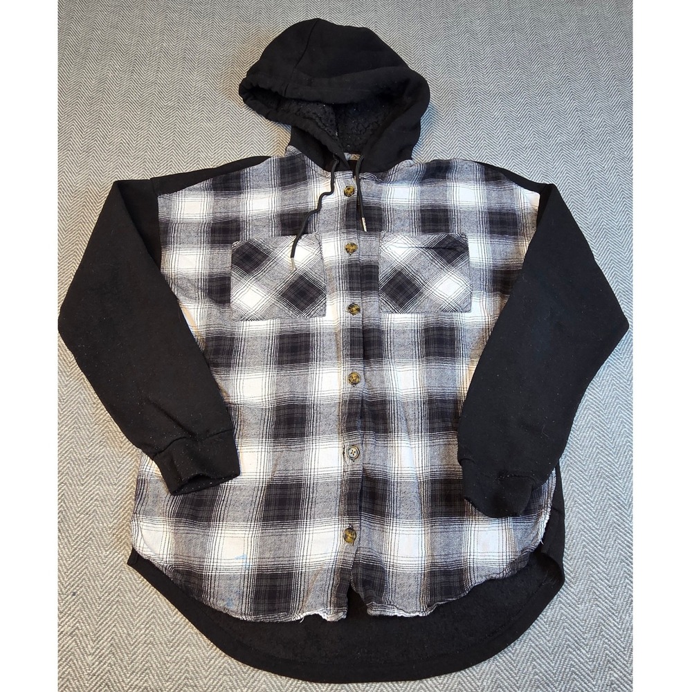 No Boundaries Black White Plaid Hooded Flannel Shirt Shacket Medium 7-9